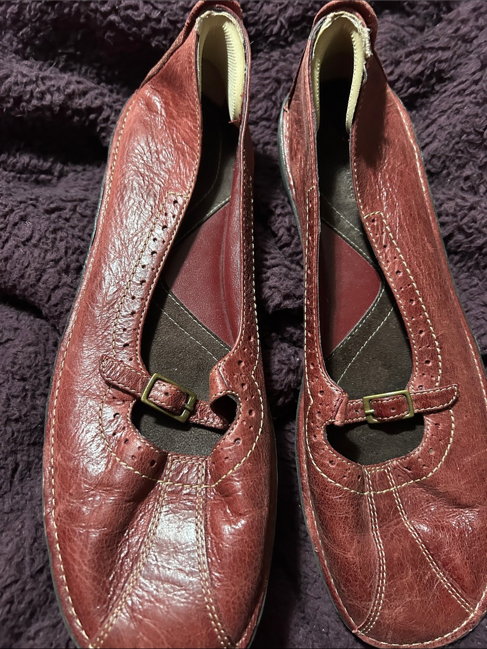 Women’s Burgundy Leather Flats with Buckle Accent